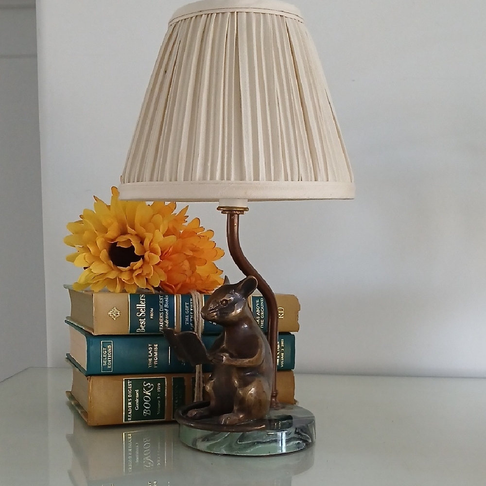 Vintage Bronze Reading Mouse Accent Table Lamp 9" H Green Faux Marble Base 4.5"